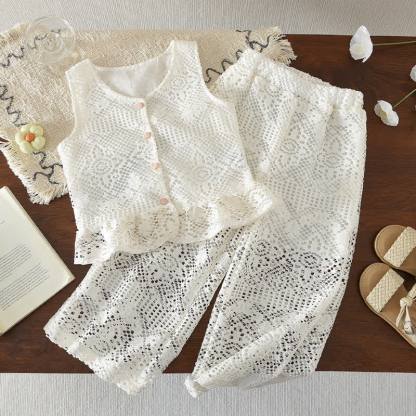 Toddler Girl White Crochet Lace Button Top and Pants Set - White - 7Y - image 1