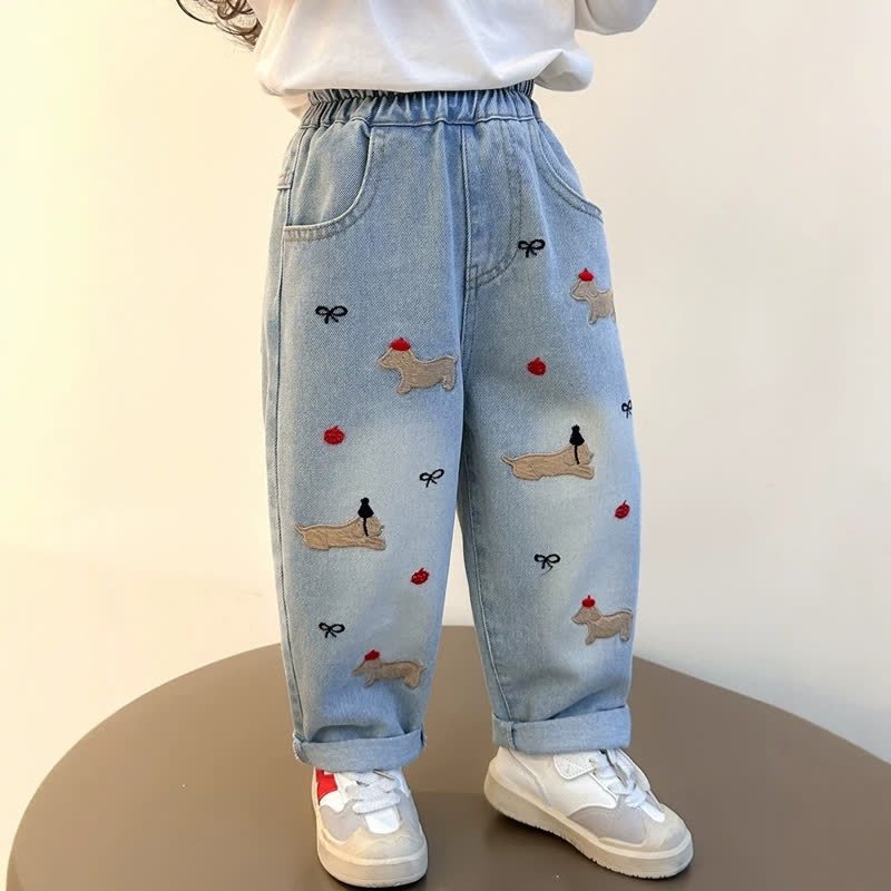 Toddler Embroidered Puppy Light Wash Denim Pants - image 2