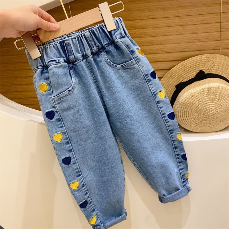 Toddler Baby Blue Embroidered Pattern Denim Pants - Blue Heart - 6-7T - image 3