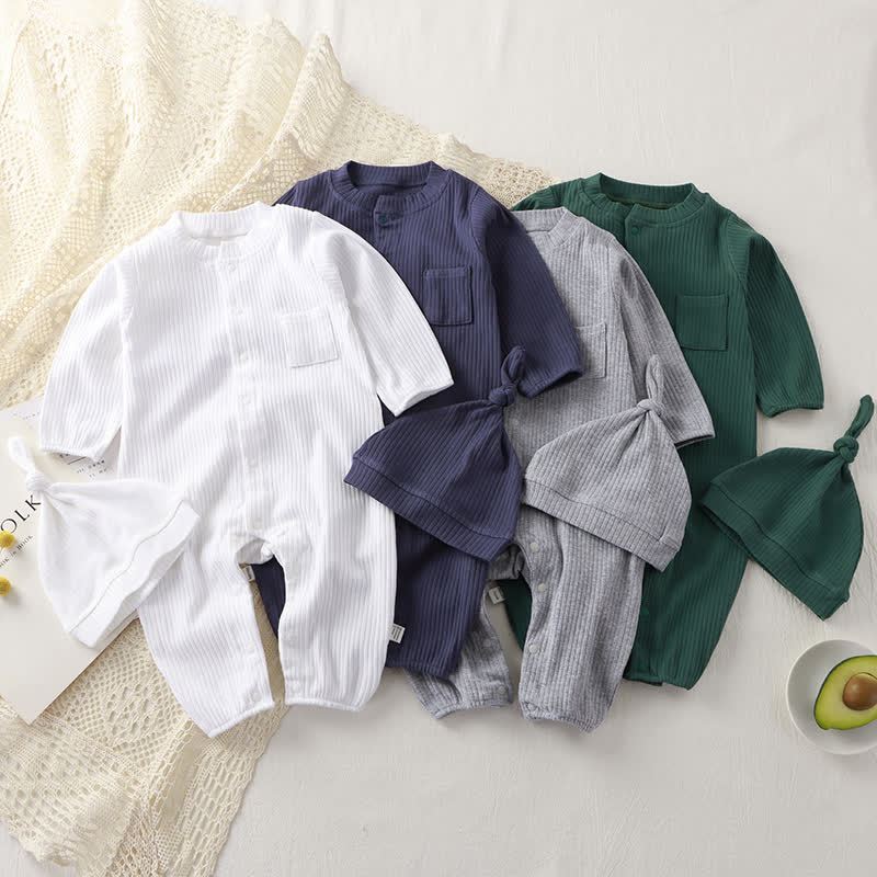 Baby Ribbed Pocket Romper with Knot Hat - image 1