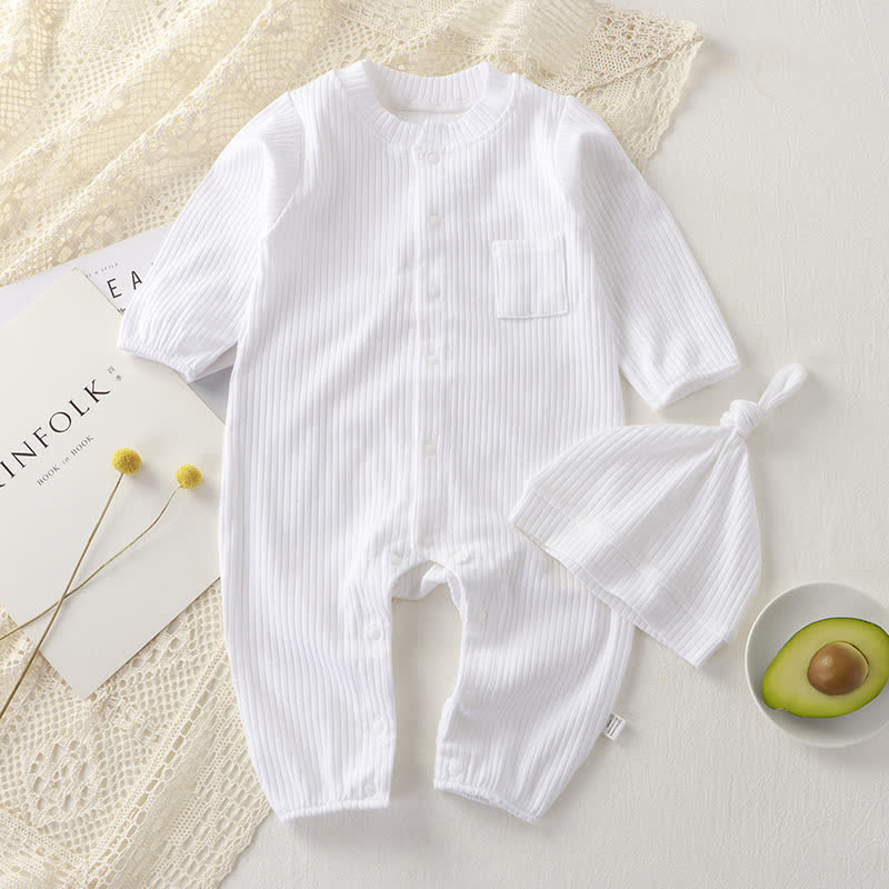 Baby Ribbed Pocket Romper with Knot Hat - White - 18-24M - image 3