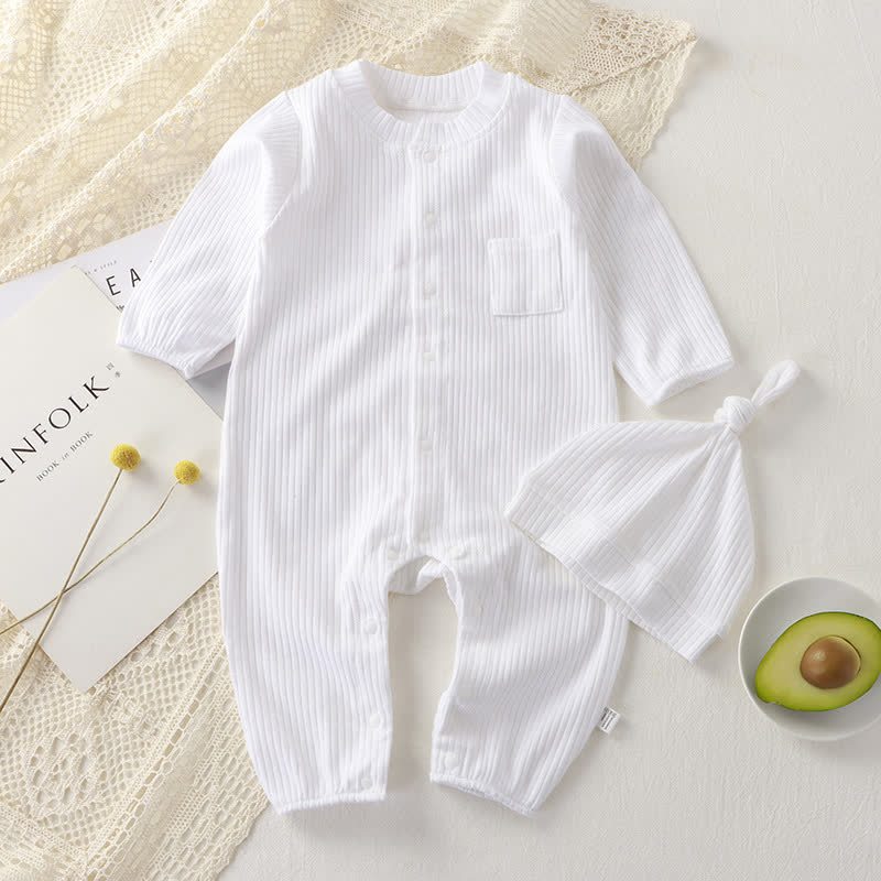 Baby Ribbed Pocket Romper with Knot Hat - White - 18-24M - image 3