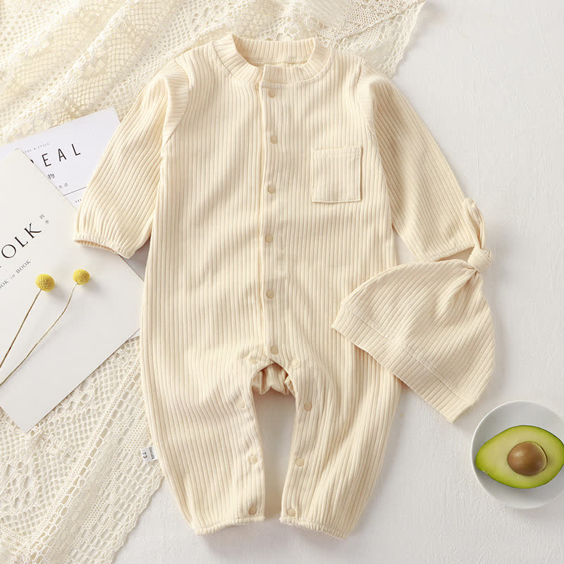 Baby Ribbed Pocket Romper with Knot Hat - Beige - 18-24M - image 7