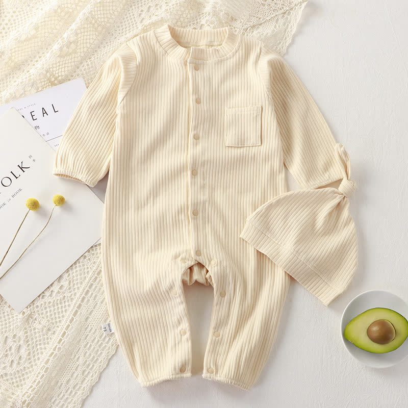 Baby Ribbed Pocket Romper with Knot Hat - Beige - 18-24M - image 7