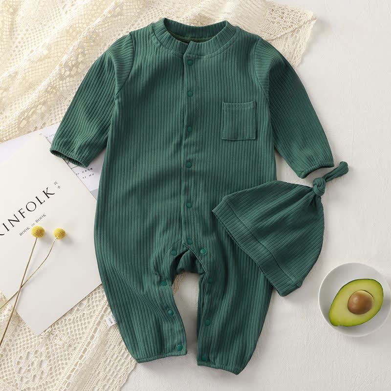 Baby Ribbed Pocket Romper with Knot Hat - Green - 18-24M - image 5