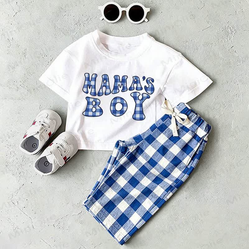 MAMA'S BOY Baby White T-shirt and Blue Plaid Pants 2-Piece Set - White&Blue - 2-3T - image 1