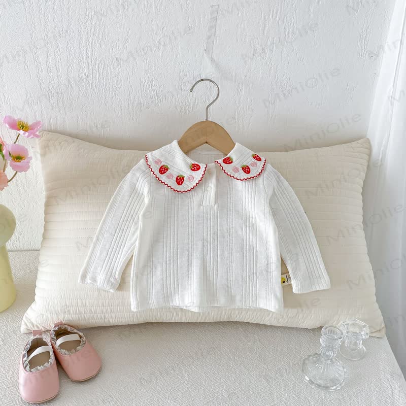Baby Toddler Girl Strawberry Peter Pan Collar Long Sleeve T-Shirt - Cream - 3-4T - image 9