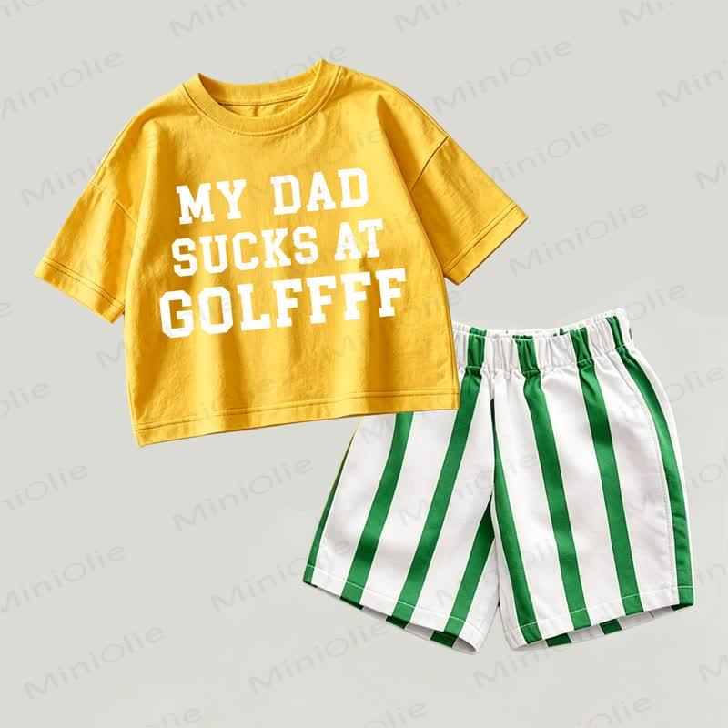 MY DAD SUCKS AT GOLFFFFF Baby Yellow&Green Slogan Top and Striped Shorts 2-piece Set - Yellow&Green - 2-3T - image 1