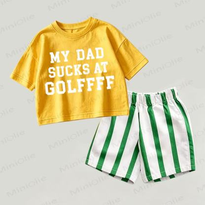 MY DAD SUCKS AT GOLFFFFF Baby Yellow&Green Slogan Top and Striped Shorts 2-piece Set - Yellow&Green - 2-3T - image 1
