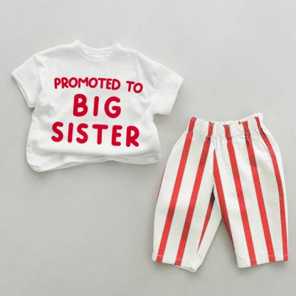 PROMOTED TO BIG SISTER/BROTHER Baby White&Red Vertical Striped 2-piece Set - White&Red: SISTER - 4-5T - image 1