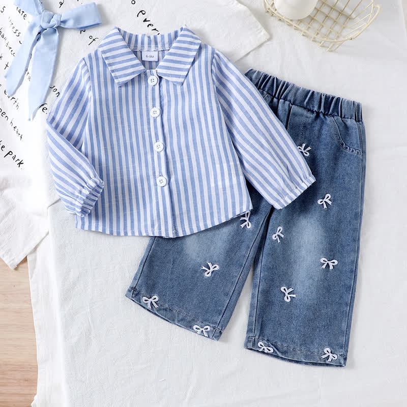 Baby Girls Bow Blue Stripe Long Sleeve Shirt and Denim Pants 2-piece Set - Blue - 2-3Y - image 1