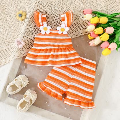 Baby Girls Strap Striped Ruffle Hem Top and Shorts 2-piece Set - Orange - 2-3Y - image 2