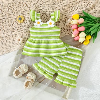 Baby Girls Strap Striped Ruffle Hem Top and Shorts 2-piece Set - Green - 2-3Y - image 4