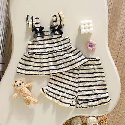 Baby Girls Strap Striped Ruffle Hem Top and Shorts 2-piece Set - Beige - 2-3Y - image 5