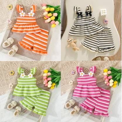 Baby Girls Strap Striped Ruffle Hem Top and Shorts 2-piece Set - image 1