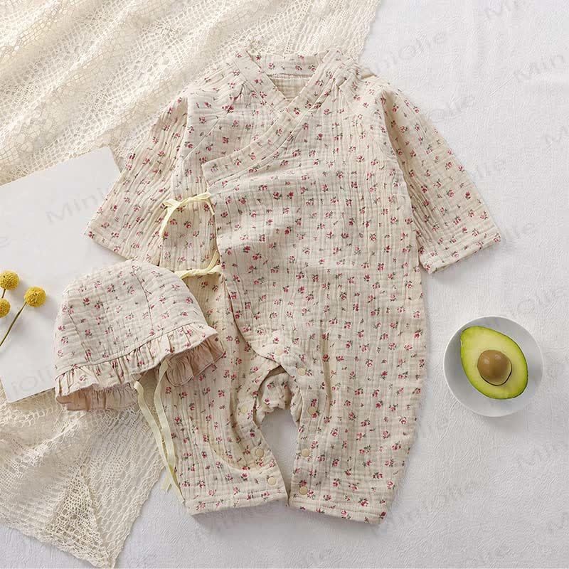 Baby Bear/Floral Gauze Romper with Ruffle Bonnet - Beige Floral - 18-24M - image 15