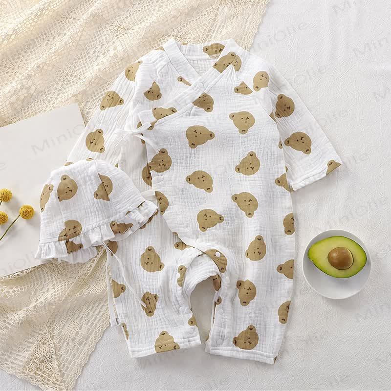 Baby Bear/Floral Gauze Romper with Ruffle Bonnet - White Bear - 18-24M - image 2