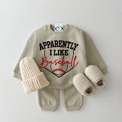 APPARENTLY I LIKE BASEBALL Baby Grey Green Sweatshirt 2-piece Set - Grey Green - 2-3T - image 1