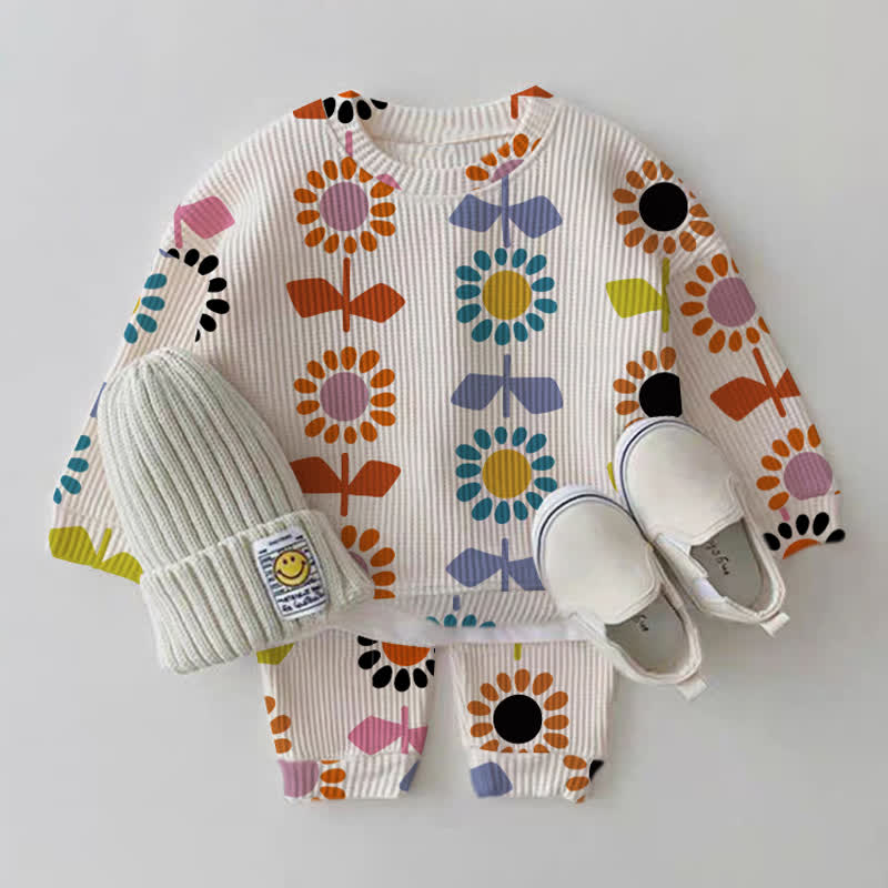 Baby Flower Print White Waffle Sweatshirt 2-piece Set - White - 18-24M - image 1