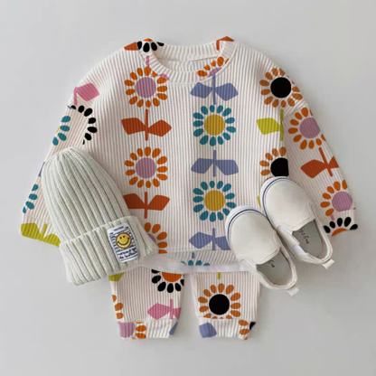 Baby Flower Print White Waffle Sweatshirt 2-piece Set - White - 18-24M - image 1