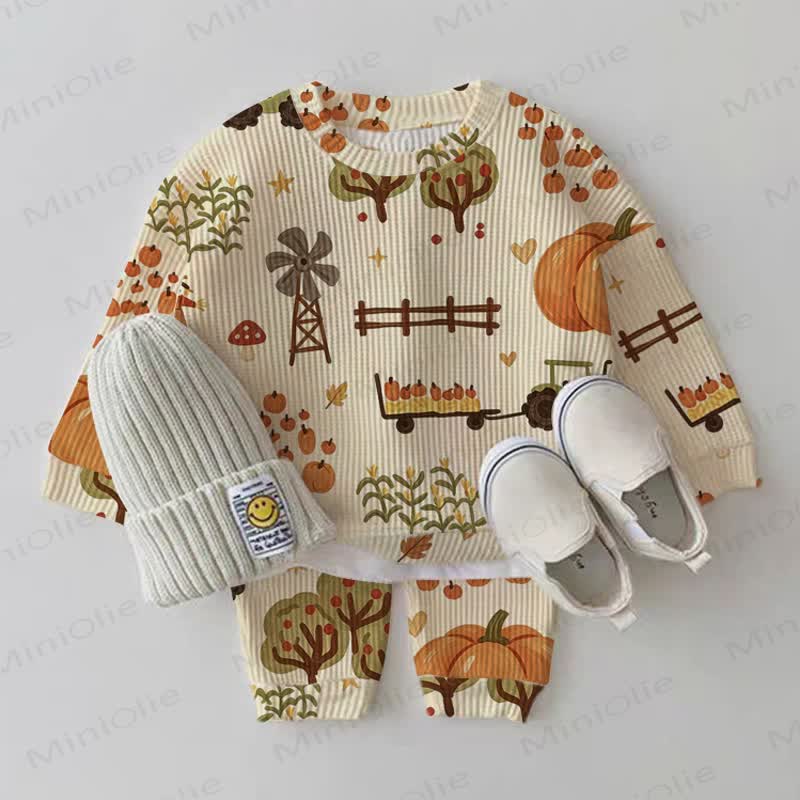 Baby Pumpkin Print Yellow Waffle Sweatshirt 2-piece Set - Pink - 18-24M - image 1