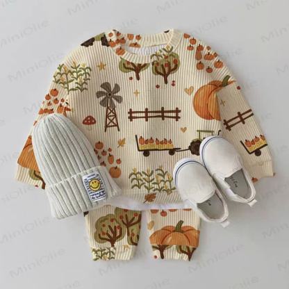 Baby Pumpkin Print Yellow Waffle Sweatshirt 2-piece Set - Pink - 18-24M - image 1