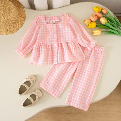 Toddler Baby Girls Gingham Long Sleeve Top and Pants 2-piece Set - Pink - 4-5Y - image 3