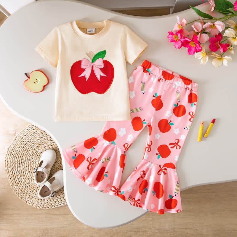 Toddler Baby Girls Apple Applique Tee and Printed Flare Pants Set - Beige - 5-6Y - image 1