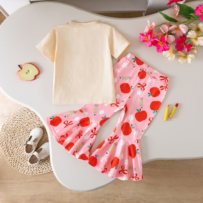 Toddler Baby Girls Apple Applique Tee and Printed Flare Pants Set - image 3
