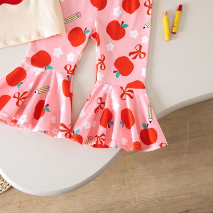Toddler Baby Girls Apple Applique Tee and Printed Flare Pants Set - image 9