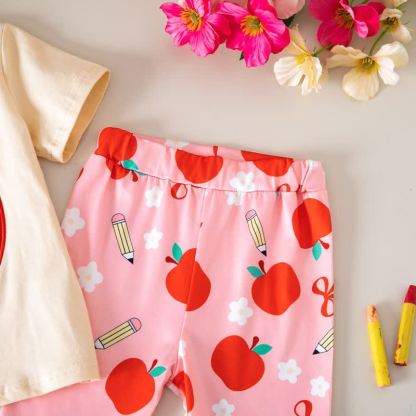 Toddler Baby Girls Apple Applique Tee and Printed Flare Pants Set - image 8