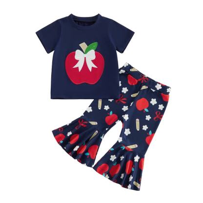 Toddler Baby Girls Apple Applique Tee and Printed Flare Pants Set - Navy - 5-6Y - image 2