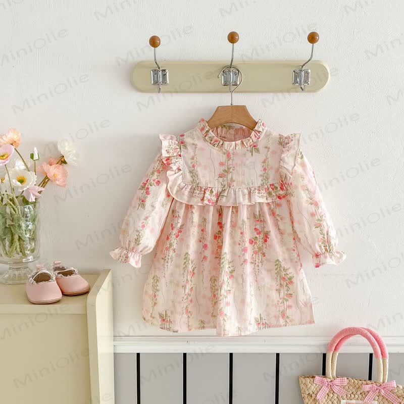 Toddler Girl Floral Ruffle Trim Collar Long Sleeve Dress - Pink - 6-7T - image 1
