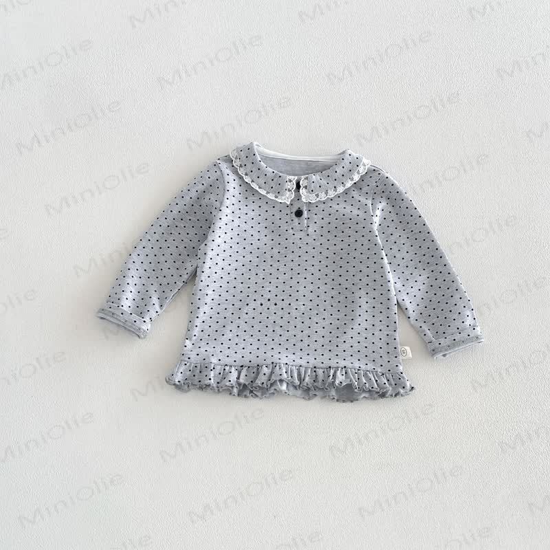 Baby Toddler Girl Lace Peter Pan Collar Long Sleeve T-Shirt - Gray Black Dot - 6-7T - image 7