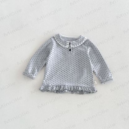 Baby Toddler Girl Lace Peter Pan Collar Long Sleeve T-Shirt - Gray Black Dot - 6-7T - image 7