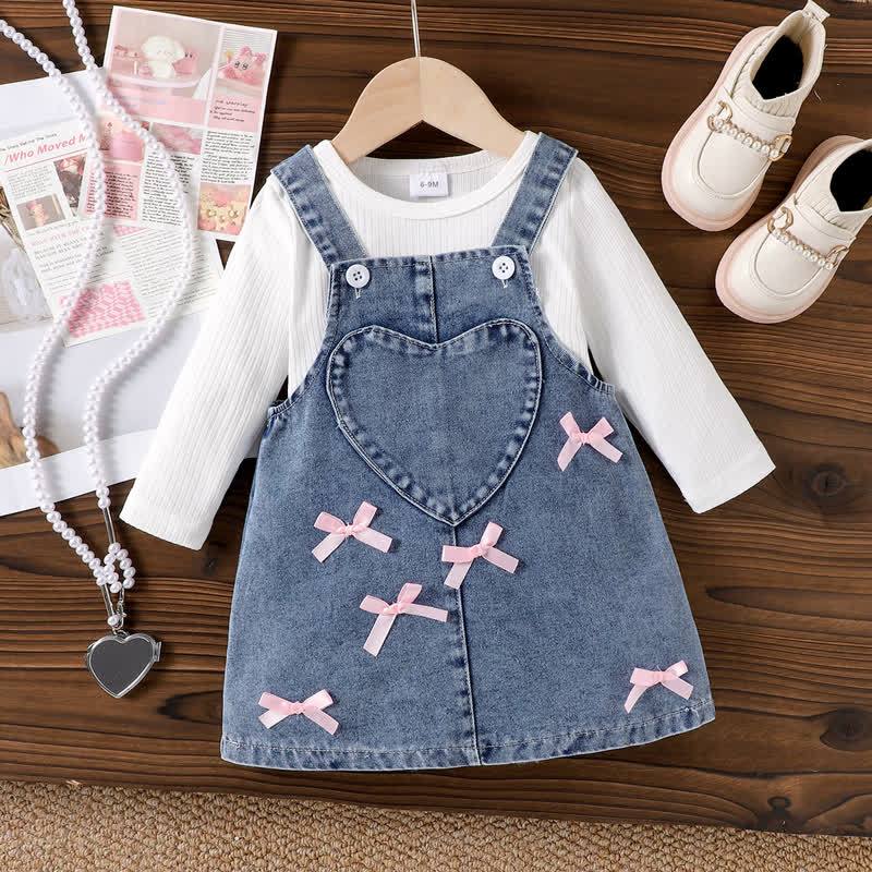Baby Girl Long Sleeve Top and Heart Denim Pinafore 2-piece Set - Blue - 2-3Y - image 1