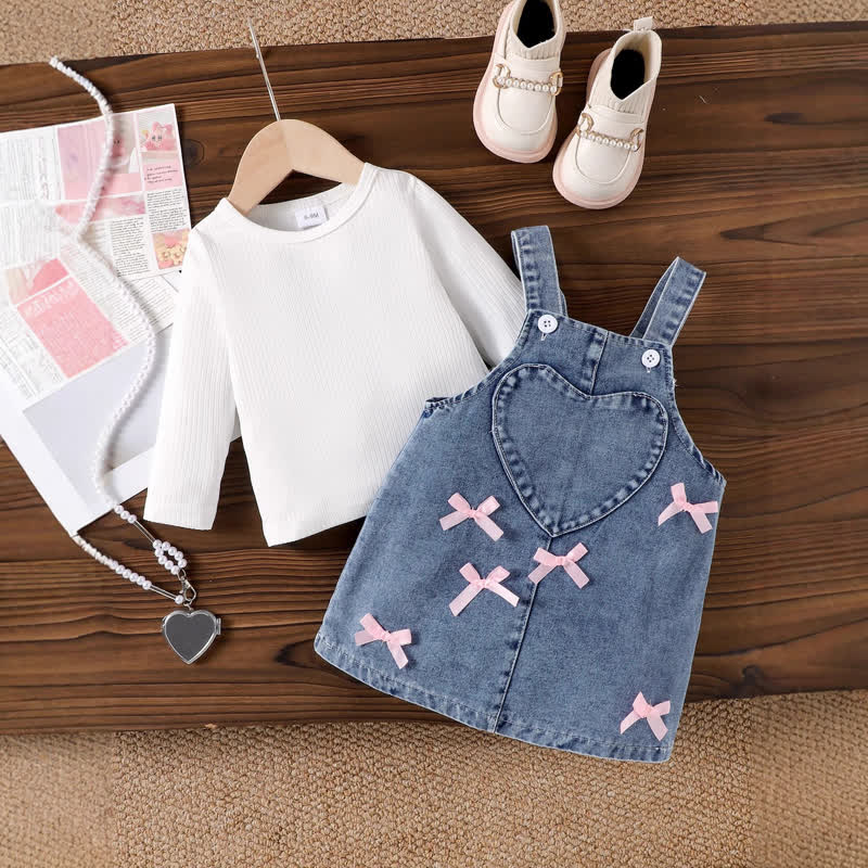 Baby Girl Long Sleeve Top and Heart Denim Pinafore 2-piece Set - image 3