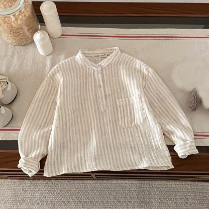 Toddler Kid Vertical Stripe Long Sleeve Linen T-Shirt - Coffee - 8-9T - image 7