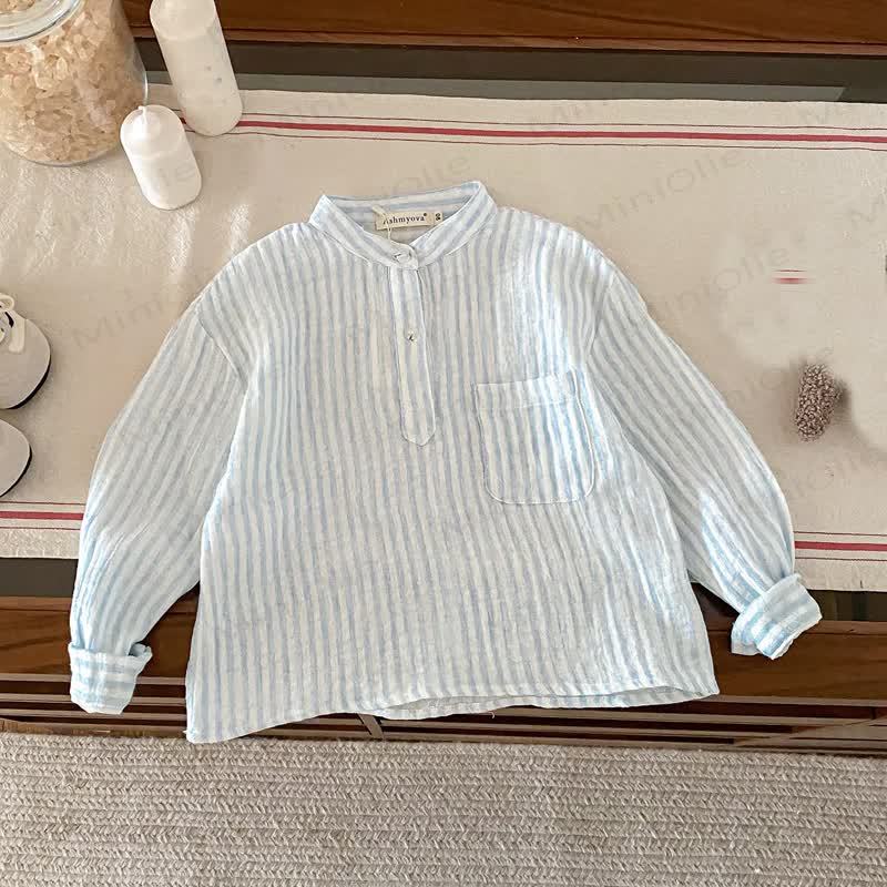 Toddler Kid Vertical Stripe Long Sleeve Linen T-Shirt - Light Blue - 8-9T - image 11