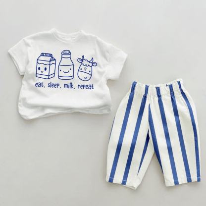EAT. SLEEP. MILK. REPEAT Baby Blue Vertical Striped 2-piece Set - White&Blue - 2-3T - image 1