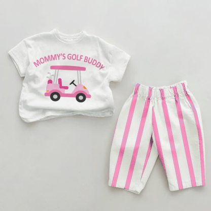 DADDY/MOMMY'S GOLF BUDDY Baby Pink Vertical Striped 2-piece Set - White&Pink: MOMMY'S - 2-3T - image 2