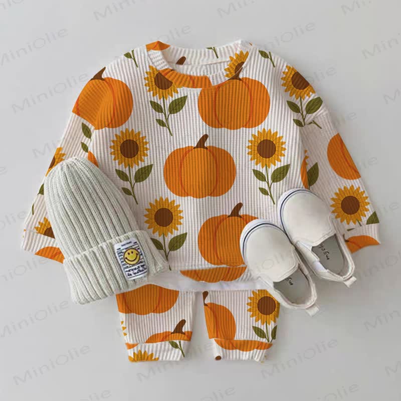 Baby Pumpkin & Sunflower Print Waffle 2-piece Set - Beige - 2-3T - image 1