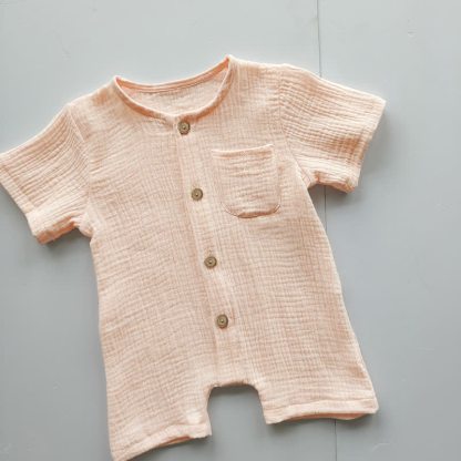 Baby Cotton Solid Color Button Front Romper - Apricot - 18-24M - image 3
