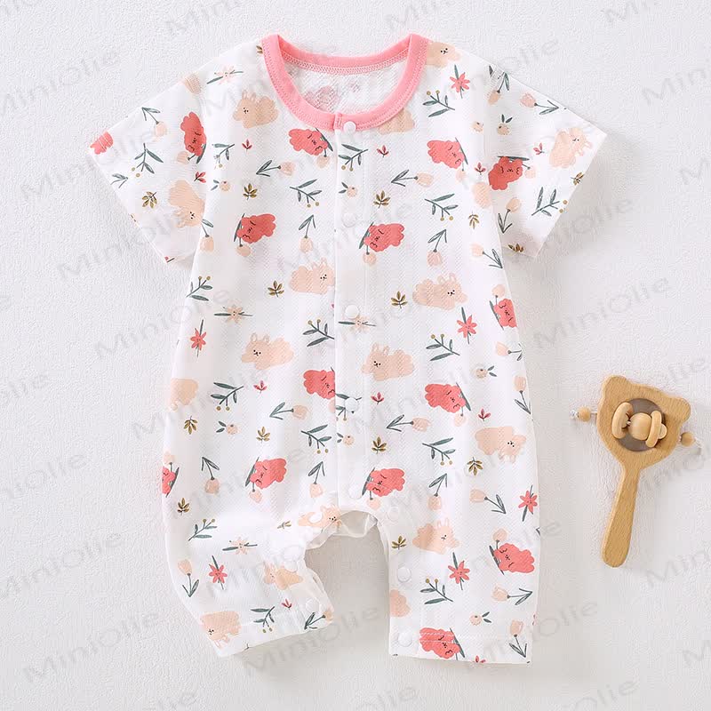 Baby Cotton White Short Sleeves Romper - Pink Flower Rabbit - 18-24M - image 4