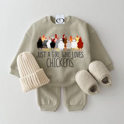 JUST A GIRL WHO LOVES CHICKENS Baby Grey Green Sweatshirt 2-piece Set - Grey Green - 2-3T - image 1
