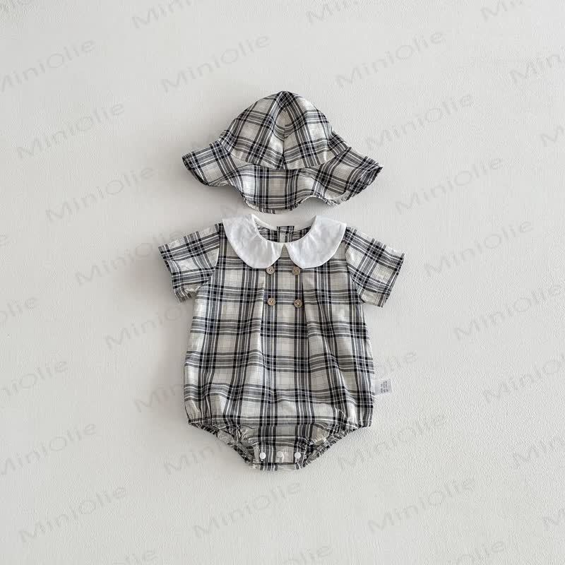 Baby Gingham Peter Pan Collar Bodysuit with Hat - Black - 18-24M - image 3