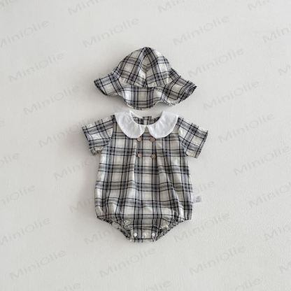 Baby Gingham Peter Pan Collar Bodysuit with Hat - Black - 18-24M - image 3