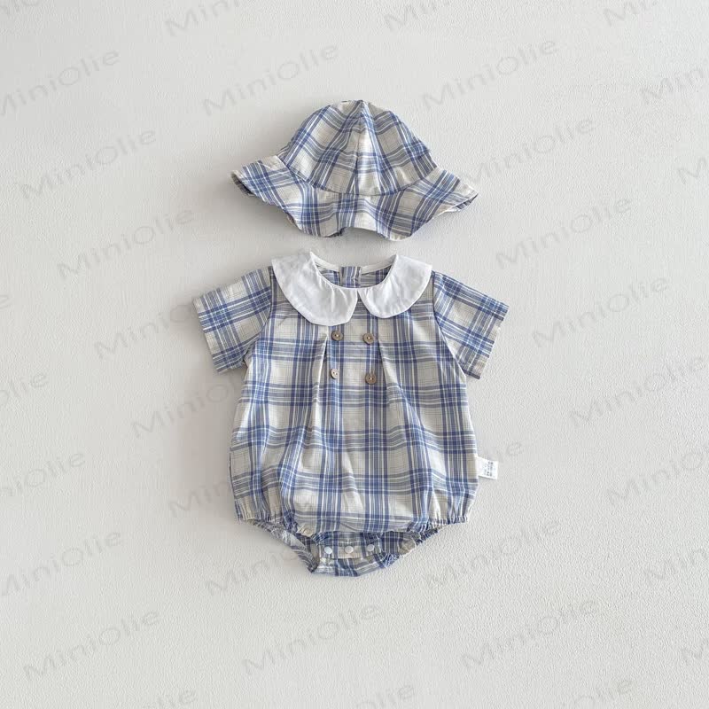 Baby Gingham Peter Pan Collar Bodysuit with Hat - Blue - 18-24M - image 5
