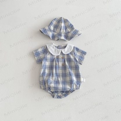 Baby Gingham Peter Pan Collar Bodysuit with Hat - Blue - 18-24M - image 5