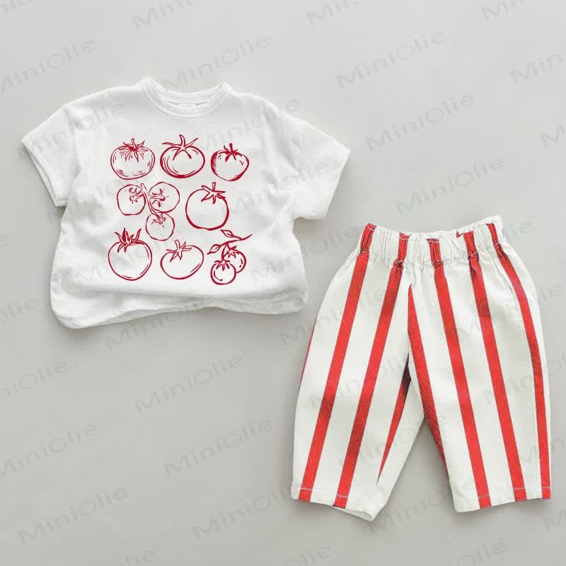 Baby Tomato Print Red Vertical Striped 2-piece Set - White&Red - 4-5T - image 1